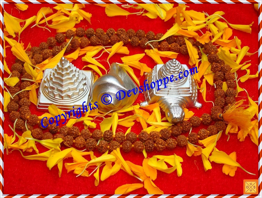 Combo deal 3 - Parad Sriyantra + Parad Shankha + Parad Meru yantra + Free Rudraksha mala